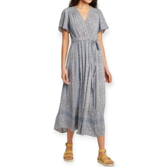 Knox Rose Blue & White Wrap Tie Waist Style Flowy Dress Flutter Sleeve Women S - Picture 1 of 11